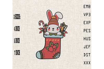 Cute Rabbit Bunny In Christmas Sock Embroidery