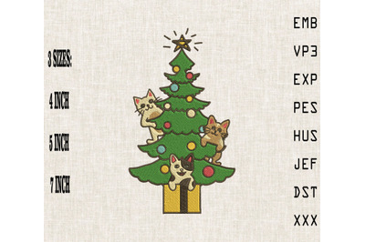 Cute Cats On Christmas Tree Embroidery