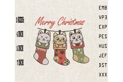 Cute Cats In Christmas Sock Happy Xmas Embroidery