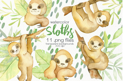 Watercolor Sloth Clipart - PNG Files