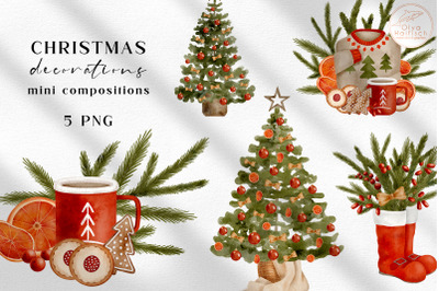 Watercolor Christmas Clipart. Cozy Christmas Home Decor PNG