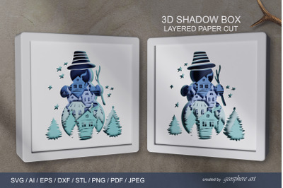 Christmas Snowman 3D Layered papercut SVG / Shadow box STL