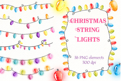 Christmas String lights Clipart | Watercolor New Years Light png.