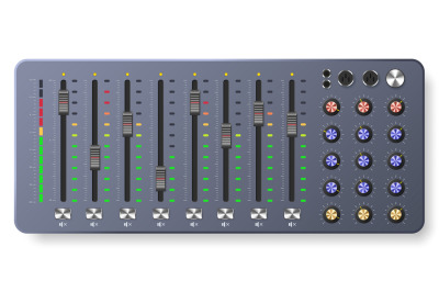 Audio mixer board. Multitrack mixing controller, sound level sliders p