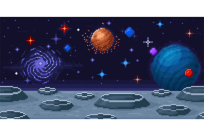 Pixel art planet surface. Space arcade 8-bit videogame location, moon