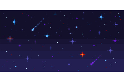 Pixel art night sky. Starry space with shooting stars, 8 bit pixelated