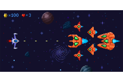 Space battle arcade game level. Pixel art galactic battle, defender sp