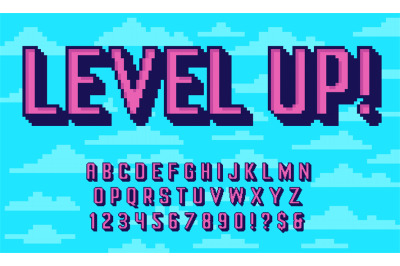 Retro pixel art 3D font. 8 bit typography alphabet, extruded letters a