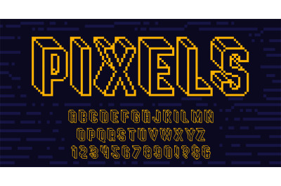 Futuristic wireframe pixel art font. Digital 8 bit alphabet, retro pix