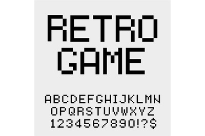 Retro game pixel art font. Pixelated text alphabet letters and numbers