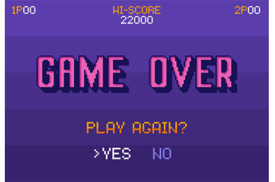 Pixel art Game Over screen. Play again question with yes no options, 8