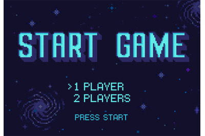 Pixel art Start Game screen. Retro 8 bit space video games starting op