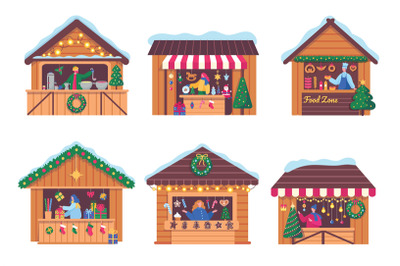 Christmas market stalls. Decoration shop, hot drinks stall, gifts boxe