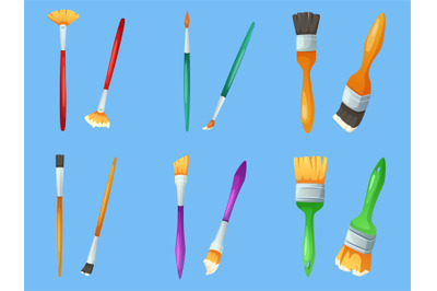 Cartoon paint brush. Painter instruments, different size brushes with