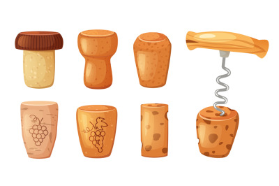 Cartoon wine corks. Different types bungs for bottles, champagne cork