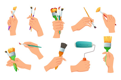 Paint brushes in hands. Creative drawing, artwork studio workshop and