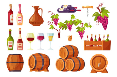 Cartoon wine. Alcohol bottles and barrels, wooden corkscrew, bunch of