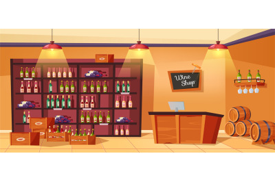 Wine shop interior. Restaurant bar table, shelves with alcohol bottles