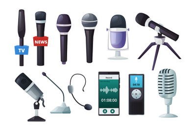 Cartoon microphones. Vintage vocal mic, interview audio recording dict