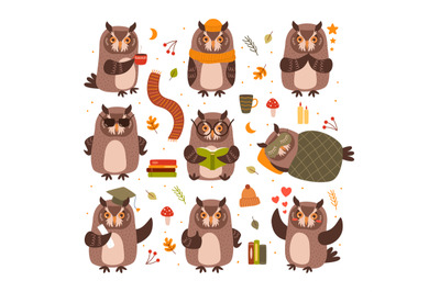 Cute owls mascots. Smart bird read book and study, owl drink coffee an