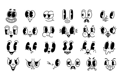 Retro 1930s cartoon faces. Old funny mascot facial expressions, mouths