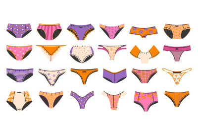 Women panties. Female underwear types, lady wardrobe lingerie and unde