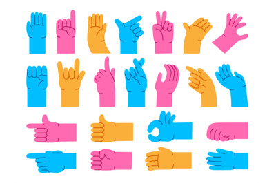 Cartoon hand gestures. Different abstract arms, color pointing hands,