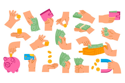 Hands holding money. Cash payment, count coins and paying with bank ca