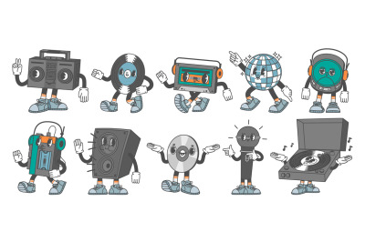 Retro music characters. Disco ball mascot, vinyl record, 80s cassette