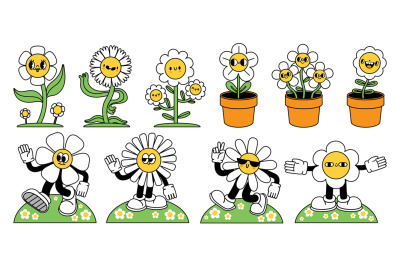 Cartoon flower mascot. Happy daisy in pot, cool spring mascot and retr