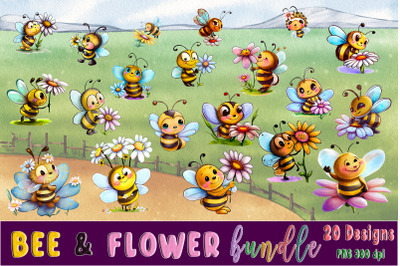 Bee &amp; Flower Watercolor Clipart Bundle