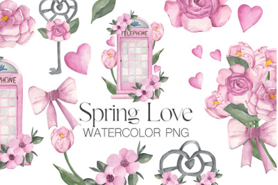 Clipart. Watercolor spring set with pink flowers, bouquet