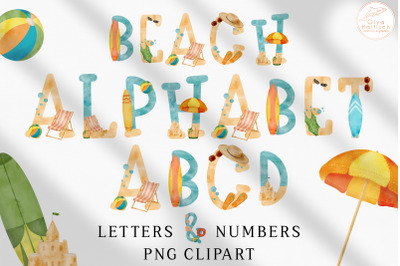 Beach Alphabet Clipart. Watercolor Summer Letters and Numbers PNG