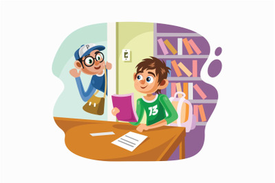 Students In the Library Vector Illustration