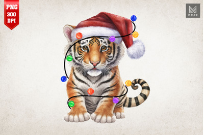 Cute Tiger In Santa Hat Christmas