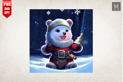 Cute Polar Bear In Santa Claus Costume