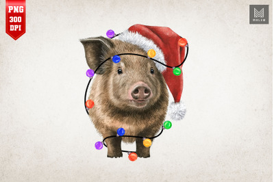 Cute Wild Pig In Santa Hat Christmas