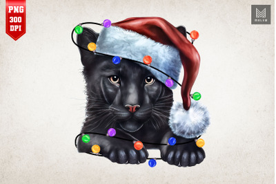 Cute Panther In Santa Hat Christmas