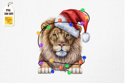 Cute Lion in Santa Hat Watercolor Xmas