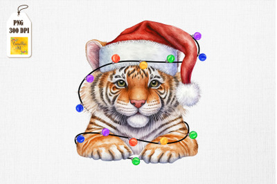 Watercolor Tiger In Santa Hat Christmas