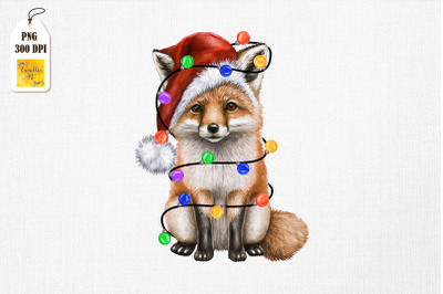 Watercolor Fox In Santa Hat Christmas