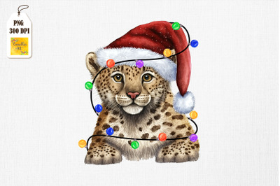 Watercolor Leopard In Santa Hat Xmas