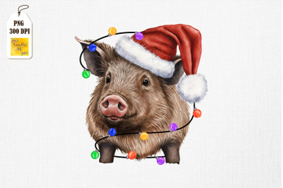 Watercolor Wild Pig In Santa Hat