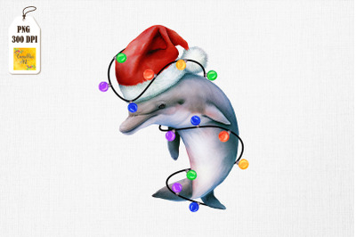 Watercolor Dolphin In Santa Hat