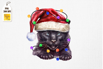 Watercolor Panther In Santa Hat