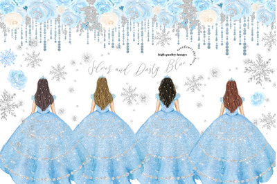 Winter Snowflake Silver Dusty Blue Princess Dresses Clipart
