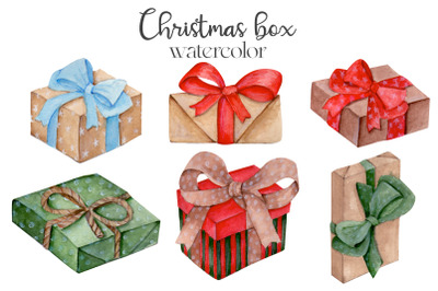 Watercolor christmas box. Clipart digital png