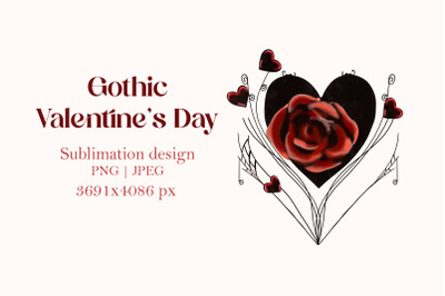 Gothic Valentine&#039;s day rose and hearts sublimation design