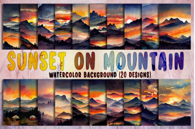 Sunset on Mountain Watercolor Background