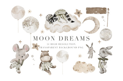 Moon Dreams Watercolor Clipart Set